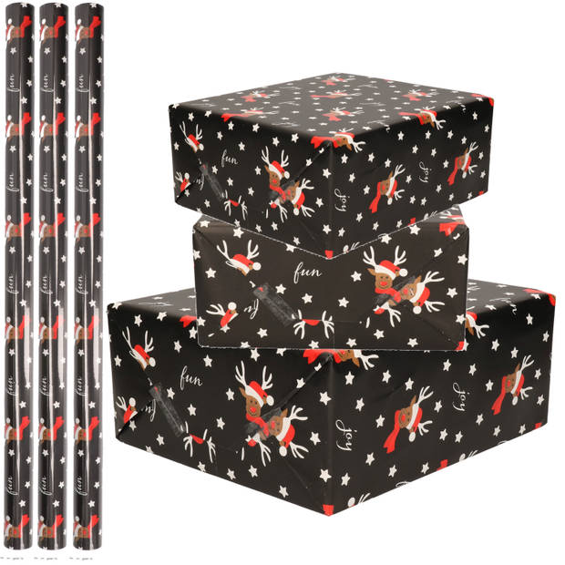 1x Rollen inpakpapier/cadeaupapier Kerst print zwart / rendier fun 250 x 70 cm luxe kwaliteit - Cadeaupapier