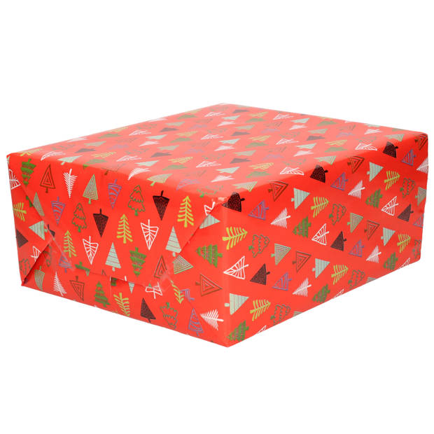 3x Rollen inpakpapier/cadeaupapier Kerst print rood/gekleurde kerstbomen 250 x 70 cm luxe kwaliteit - Cadeaupapier