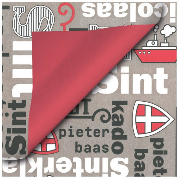 3x Rollen inpakpapier/cadeaupapier Sinterklaas print taupe/rood 2,5 x 0,7 meter 70 grams luxe kwaliteit - Cadeaupapier