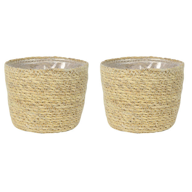 Set van 2x stuks plantenpot/bloempot van jute/zeegras diameter 15 cm en hoogte 12 cm creme beige - Plantenpotten