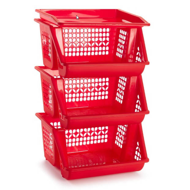 1x Rode opberg stapelkratten/organizers 3 vakken 62 x 32 cm - Opbergmanden