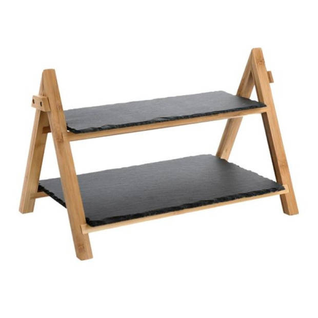 Set van 2x stuks dubbele Leisteen/bamboe serveerplank voor voedsel en hapjes 40 x 25 x 27 cm - Kaasplankjes