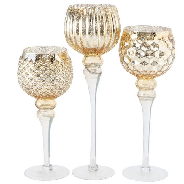 Luxe glazen design kaarsenhouders/windlichten set van 3x stuks goud transparant 30-40 cm - Waxinelichtjeshouders