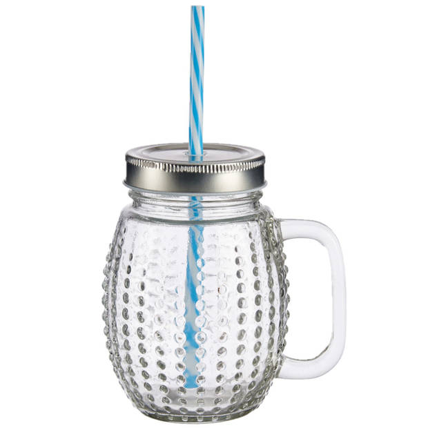 Glazen drankdispenser/limonadetap 4,5 liter met 4x Mason jars/smoothie drinkglazen met rietje en dek - Drankdispensers