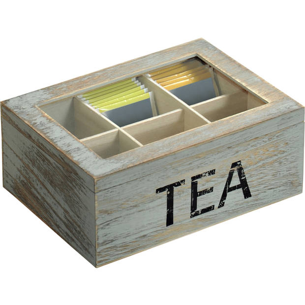 6-vaks grijs Tea theedoosje/theekistje van hout 16 x 21,7 x 9 cm - Theedozen