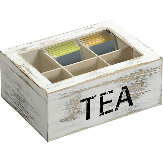 6-vaks wit Tea theedoosje/theekistje van hout 16 x 21,7 x 9 cm - Theedozen