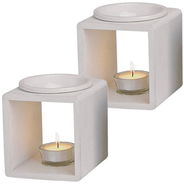 Geurbrander voor amberblokjes/geurolie/waxmelts - 2x - keramiek - wit - 11 x 11 x 13 cm - Geurbranders