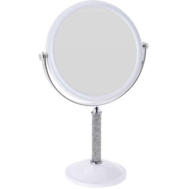 Witte make-up spiegel met strass steentjes rond vergrotend 17,5 x 33 cm - Make-up spiegeltjes