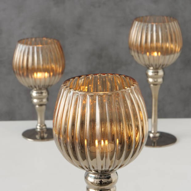 Luxe glazen design kaarsenhouders/windlichten set van 3x stuks brons transparant 20-30 cm - Waxinelichtjeshouders