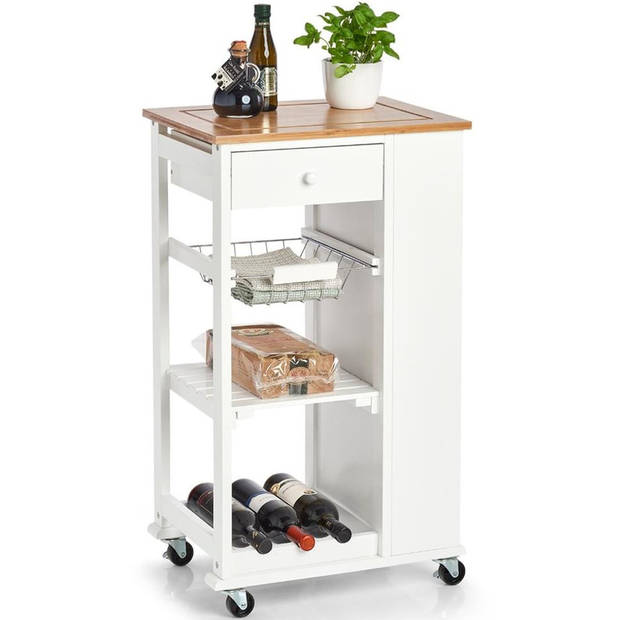 Keukentrolley/kastje met wijnfles plank en uitschuifbare mandjes 50 x 86 cm - Opberg trolley