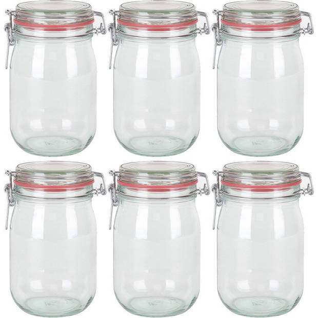 6x Glazen confituren pot/weckpot 1000 ml/1 liter met beugelsluiting en rubberen ring - Weckpotten