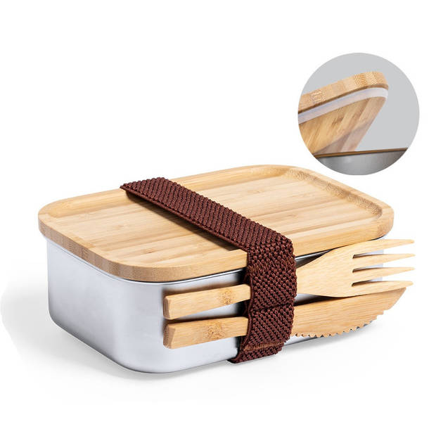 Lunchbox/broodtrommel met bestek - bamboe/rvs - 16 x 11 x 5.6 cm - Broodtrommels