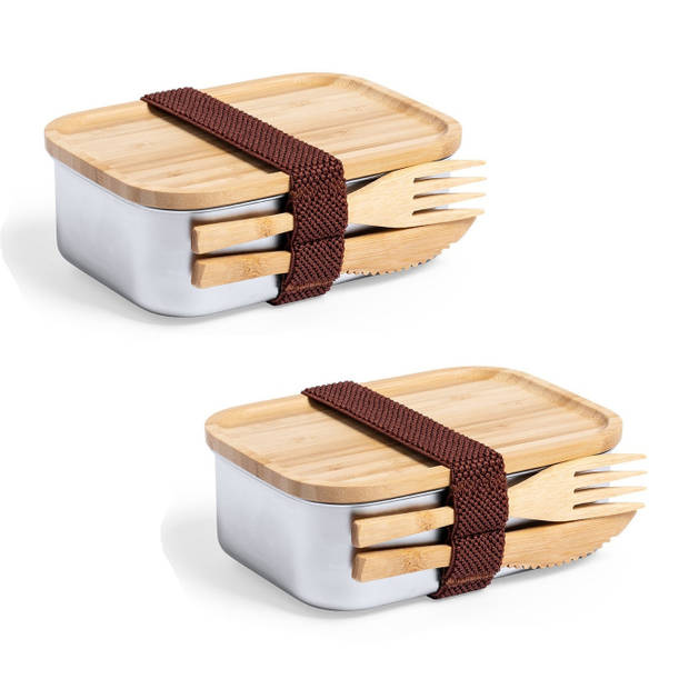 Lunchbox/broodtrommel met bestek - bamboe/rvs - 16 x 11 x 5.6 cm - Broodtrommels