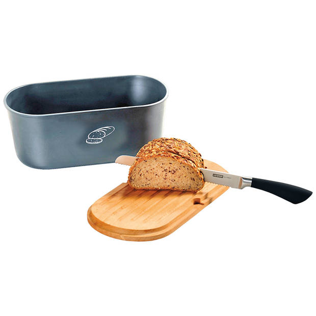 Grijze brood bewaarbak/bewaardoos met houten snijplank deksel 18 x 34 x 14 cm - Broodtrommels