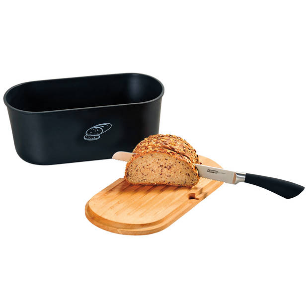 Zwarte brood bewaarbak/bewaardoos met houten snijplank deksel 18 x 34 x 14 cm - Broodtrommels