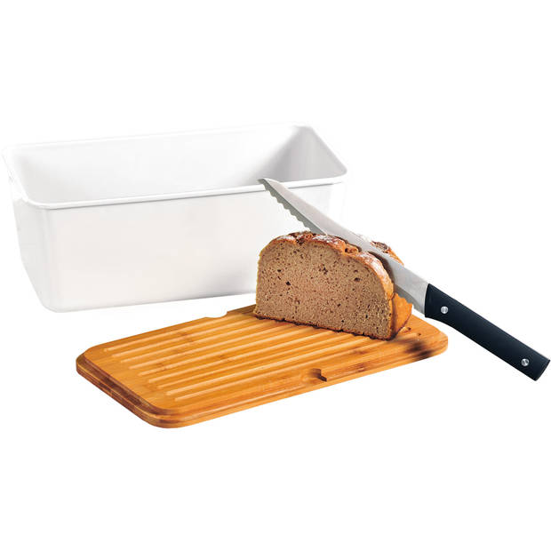 Witte brood bewaarbak/bewaardoos met bamboe houten snijplank deksel 18 x 34 x 14 cm - Broodtrommels