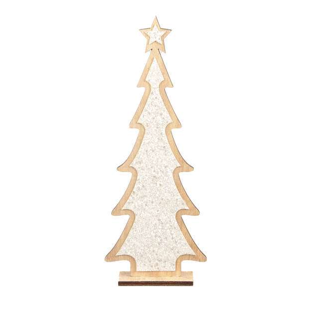 Kerstdecoratie houten kerstboom glitter wit 35,5 cm - Houten kerstbomen