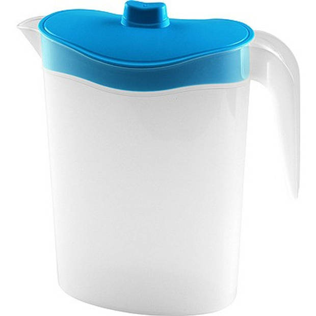 2x Smalle kunststof koelkast schenkkannen 1,5 liter met blauw deksel - Schenkkannen