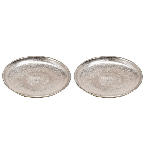 2x Decoratieve aluminium rond dienbladen zilver 20 cm - Kaarsenplateaus