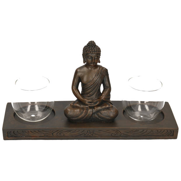 Decoratie boeddha beeldje met theelichthouder zwart zittend 32 cm - Kaarsenplateaus