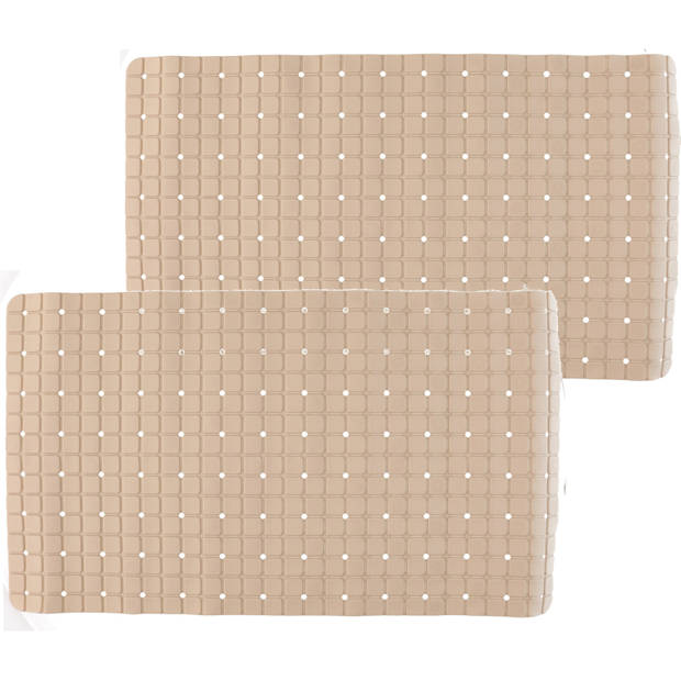 2x stuks badmatten/douchematten anti-slip beige vierkant patroon 69 x 39 cm - Badmatjes