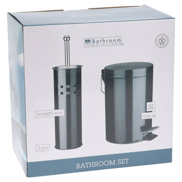 Badkamerset pedaalemmer 3L met bijpassende toiletborstel zwart RVS - Toiletaccessoireset