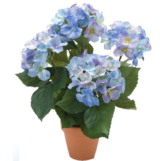 Hortensia kunstplant met bloemen blauw - in pot metallic zilver - 40 cm hoog - Kunstplanten