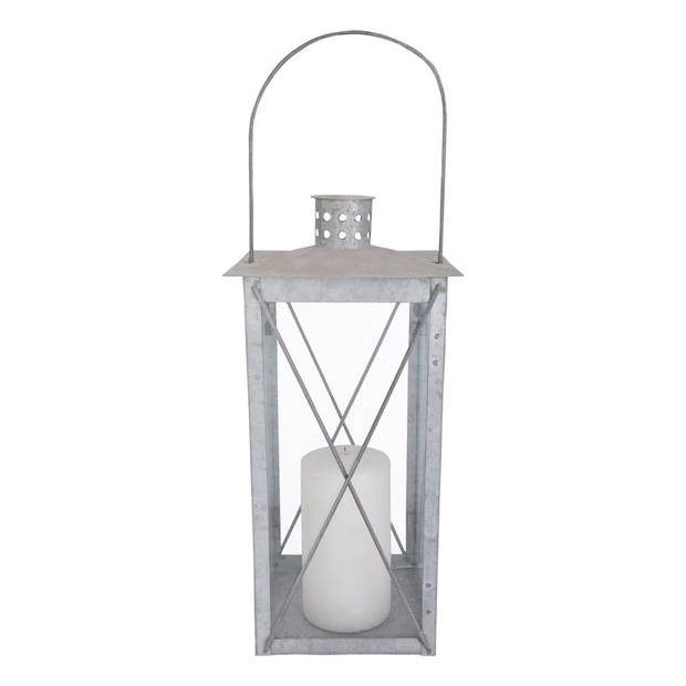 Zilveren tuin lantaarn/windlicht van zink 17,2 x 17,2 x 36,5 cm - Lantaarns