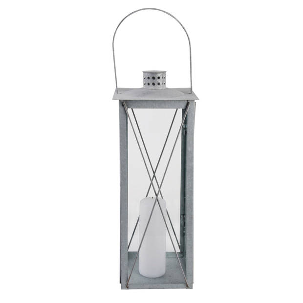 Zilveren tuin lantaarn/windlicht van zink 19,8 x 19,8 x 51,3 cm - Lantaarns