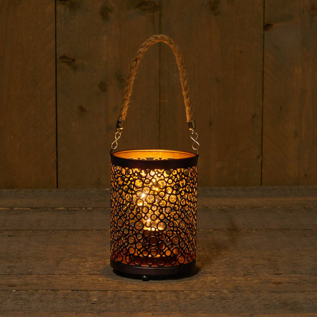 LED sfeer lantaarn/lamp zwart/goud met timer B12 x H16 cm - Lantaarns