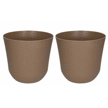 2x Taupe plantenbakken/bloembakken rond 25 cm - Plantenpotten