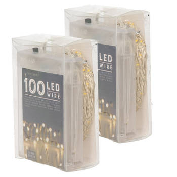 Set van 2x stuks draadverlichting lichtsnoer met 100 lampjes warm wit op batterij 1000 cm - Lichtsnoeren