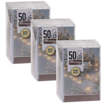3x Kerstverlichting op batterij warm wit 50 lampjes - Lichtsnoeren