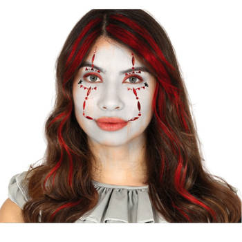 Halloween Plak diamantjes horror clown gezicht versiering rood/zwart - Verkleedgezichtdecoratie