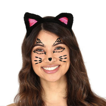 Halloween Plak diamantjes kat/poes gezicht versiering zwart - Verkleedgezichtdecoratie