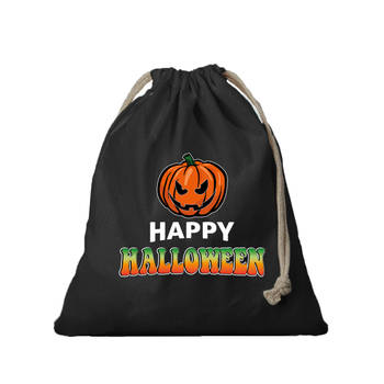 Halloween 1x Katoenen happy halloween snoep tasje met pompoen zwart 25 x 30 cm - Verkleedtassen