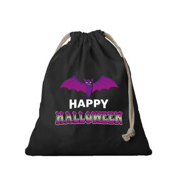 Halloween K1x atoenen happy halloween snoep tasje met vleermuis zwart 25 x 30 cm - Verkleedtassen