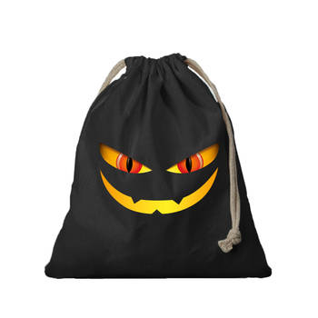 1x Katoenen Halloween snoep tasje monster gezicht zwart 25 x 30 cm - Verkleedtassen