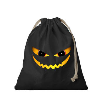 1x Katoenen Halloween snoep tasje duivel gezicht zwart 25 x 30 cm - Verkleedtassen