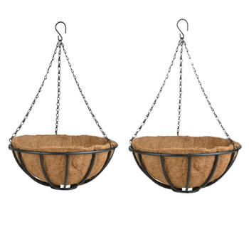 2x stuks metalen hanging baskets / plantenbakken met ketting 35 cm inclusief kokosinlegvel - Plantenbakken