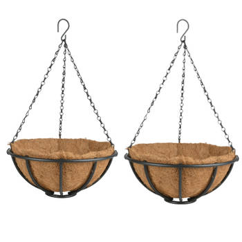 2x stuks metalen hanging baskets / plantenbakken met ketting 30 cm inclusief kokosinlegvel - Plantenbakken