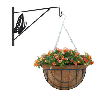 Hanging basket met muurhaak vlinder antraciet en kokos inlegvel - metaal - complete hangmand set - Plantenbakken