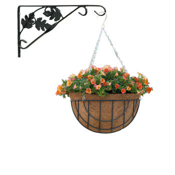Hanging basket met muurhaak sierblad groen en kokos inlegvel - metaal - complete hanging basket set - Plantenbakken
