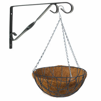 Hanging basket 40 cm met klassieke muurhaak grijs en kokos inlegvel - metaal - complete hangmand set - Plantenbakken
