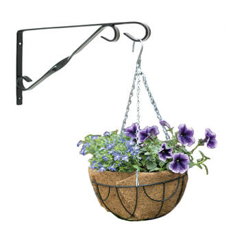Hanging basket 25 cm met klassieke muurhaak donkergrijs en kokos inlegvel - metaal - hangmand set - Plantenbakken