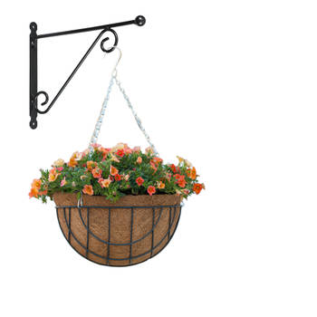 Hanging basket met muurhaak sierkrul groen en kokos inlegvel - metaal - complete hanging basket set - Plantenbakken