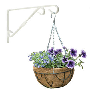 Hanging basket 30 cm met klassieke muurhaak wit en kokos inlegvel - metaal - hangmand set - Plantenbakken