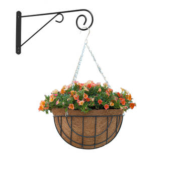 Hanging basket met muurhaak sierkrul grijs en kokos inlegvel - metaal - complete hanging basket set - Plantenbakken