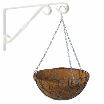 Hanging basket 30 cm met klassieke muurhaak wit en kokos inlegvel - metaal - complete hangmand set - Plantenbakken