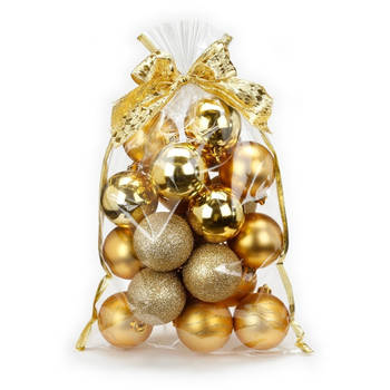 20x stuks kunststof kerstballen goud mix 6 cm in giftbag - Kerstbal